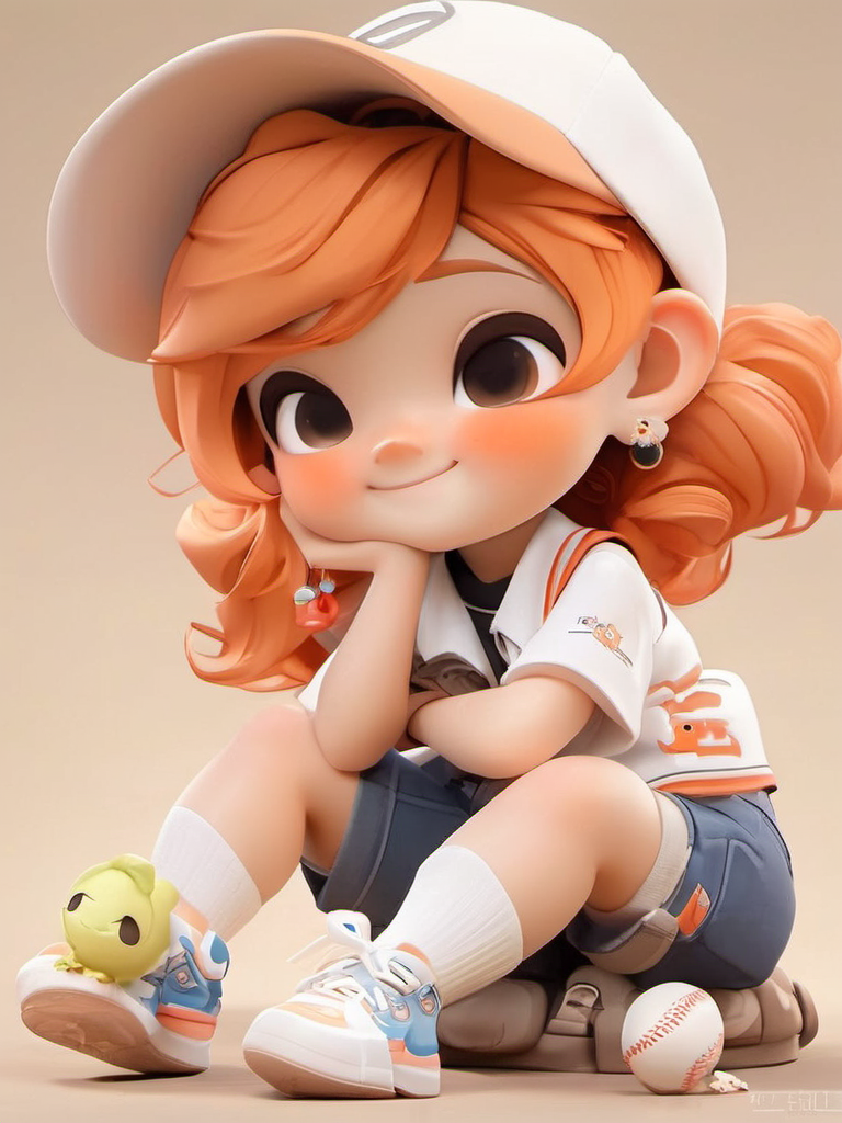 1780198059-Pixar style,MG_ip,1girl,hat,solo,jewelry,sitting,baseball cap,earrings,shoes,shorts,orange hair,long hair,smile,shirt,sneakers,w.png